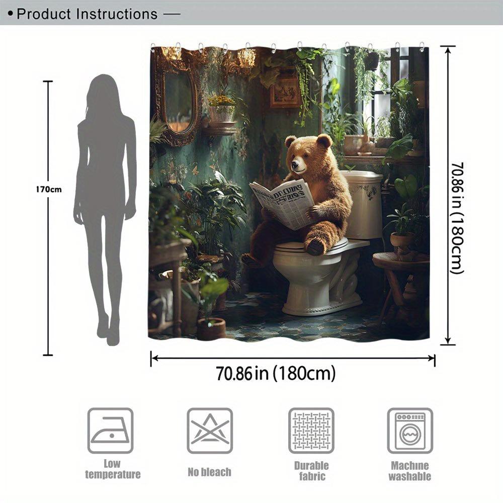 Whimsical Bear Reading Newspaper Shower Curtain Floral Plant Design Polyester Washable with 12 Hooks Eclectic Bathroom Decor