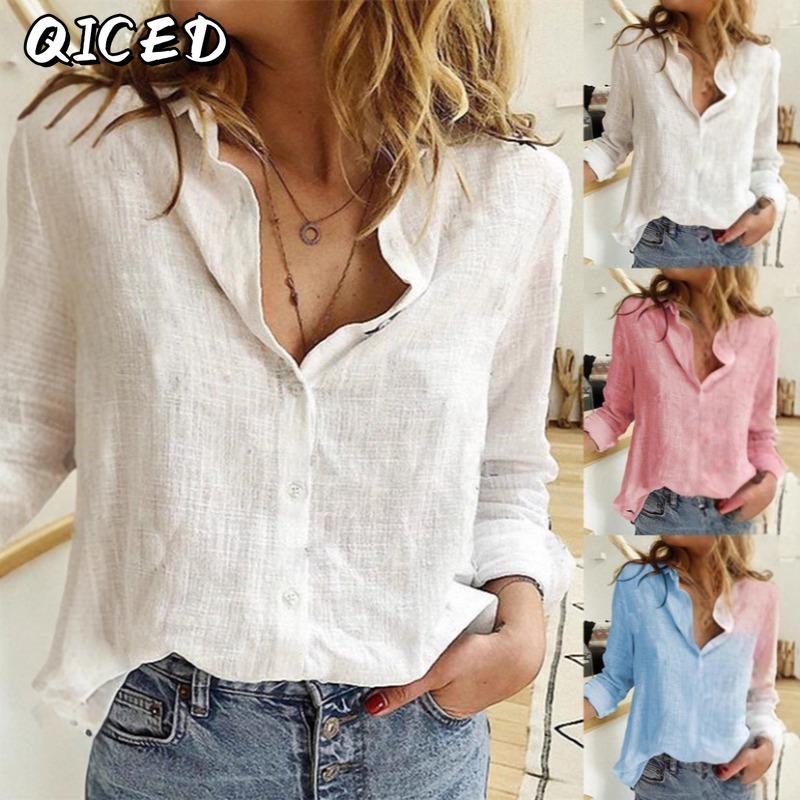 QICED Women's Fashion Casual Solid Color Print Long Sleeve POLO Neck Blouses & Shirts
