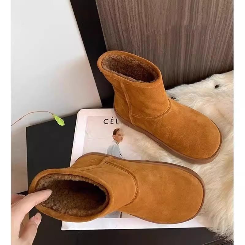 Leather Snow Boots Women's New Winter Velvet Lamb Wool Cotton Shoes Medium Tube Thick-soled Versatile Martin Boots