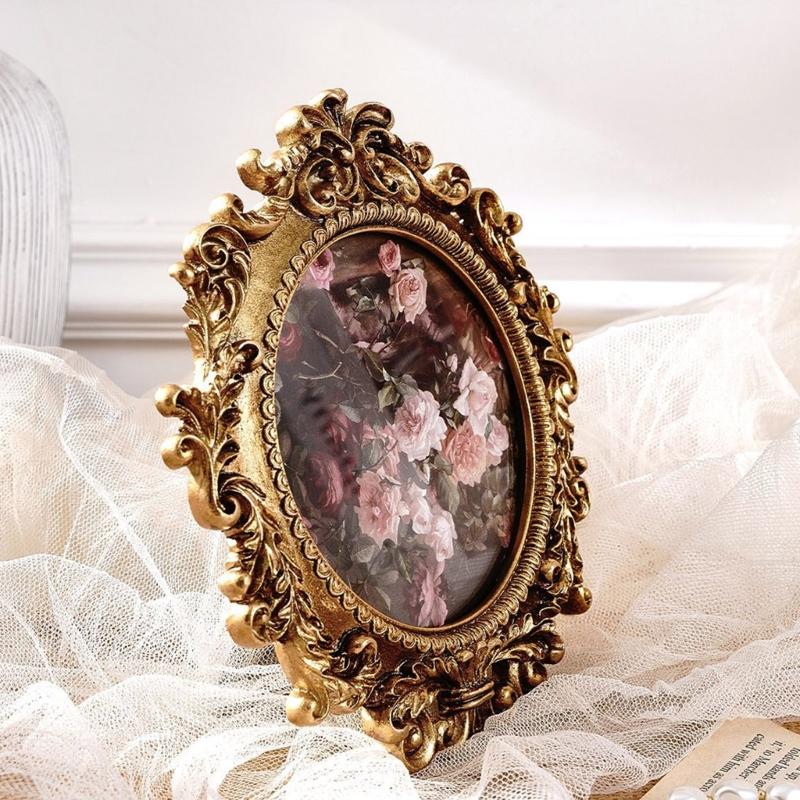 Ręcznie robiona Antyczna Złota Rzeźbiona Okrągła Ramka na Zdjęcie z Haczykiem do Zawieszania i Stojakiem do Dekoracji Ściennej lub Biurkowej