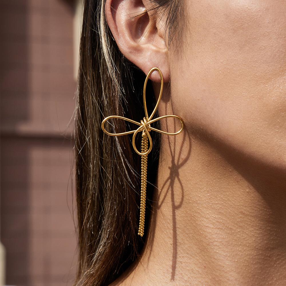 Stainless Steel Butterfly Tassel Earrings for Women Vintage Geometric Metal Bead Tassel Earrings Waterproof Jewelry Accessories