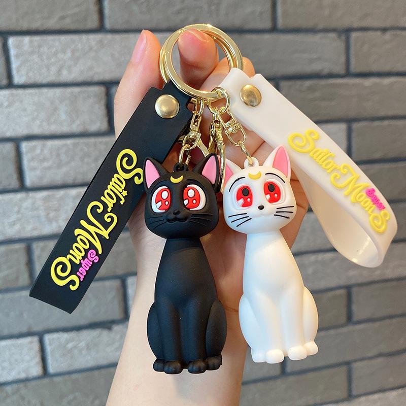 Moon Keychian for Women Anime Cute Artemis Luna Cat Figure Keyring Pendent Car Key Chain Accessories for Kids Toy Birthday Gifts