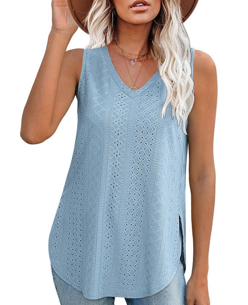 Spring/Summer V-Neck Sleeveless Eyelet Jacquard Women's Casual Vest Top