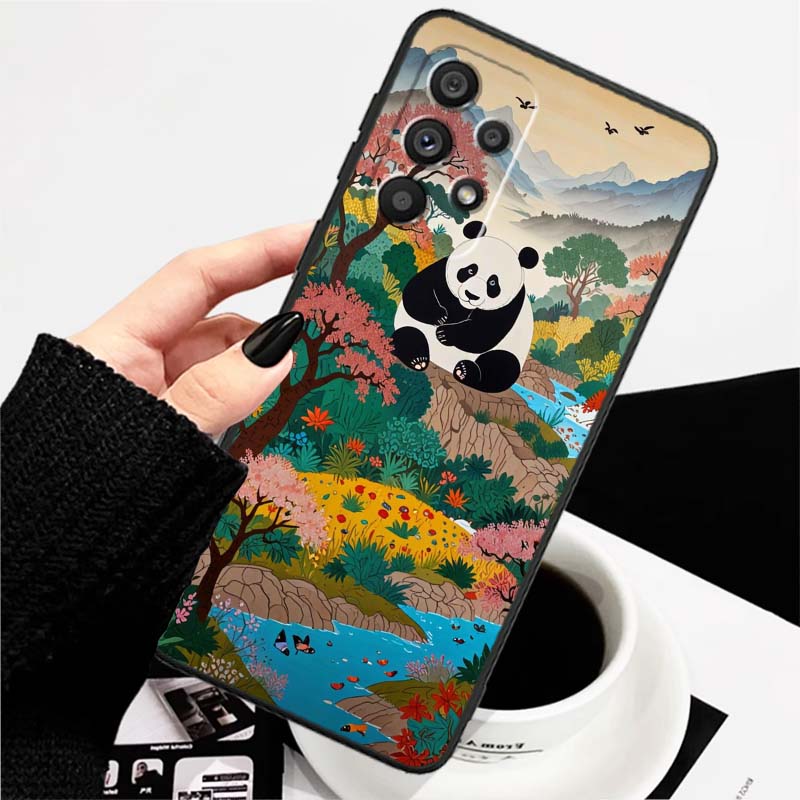 Cartoon Anime Panda Cute Phone Case For Samsung A73 A72 A71 A55 A54 A53 A52 A51 A13 A22 A16 A15 A12 A14 A26 A07 5G Black