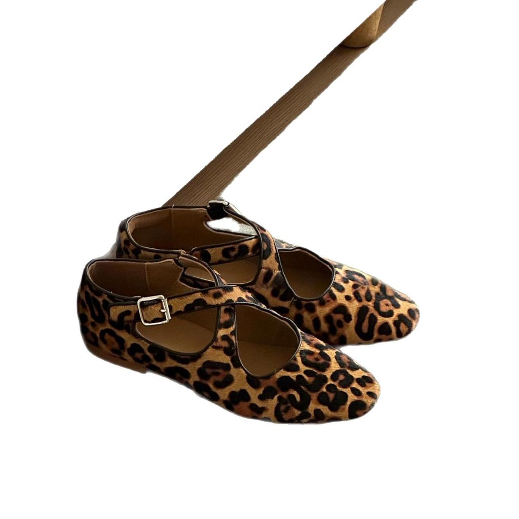 Sheepskin version~ niche leather leopard print cross soft-sided ballet shoes horse hair Mary Jane shoes shallow mouth flat shoes
