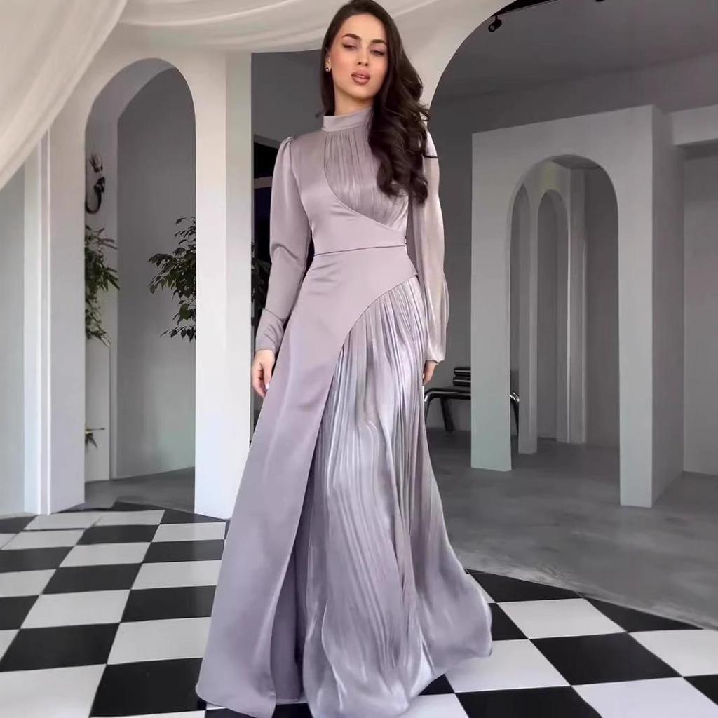 Women's Retro Slimming Evening Dress - Color Block, Round Neck, Long Sleeve, High Waist