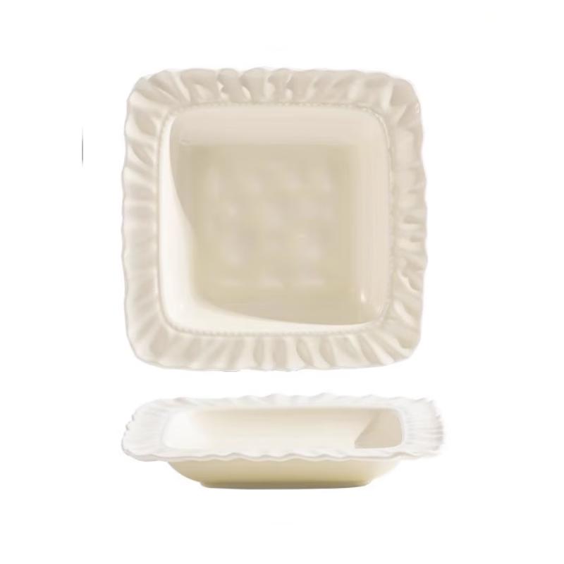 Kommall Cream Style Ceramic Square Deep Plate 8.5 inches