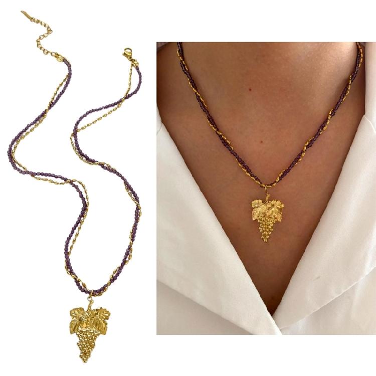 Modern Stainless Steel Necklace with Heart Flower/Grape Charm Crystal Beads Adjustable Closure Neckchain Accessory