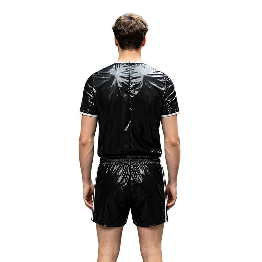 Mens Waterproof Vinyl Outfit Contrasting Trim Short Sleeve T Shirt Top Built In Briefs Boxer Shorts