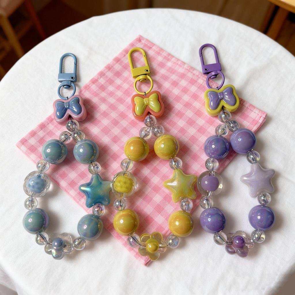 Handmade Beaded Phone Lanyard Keychain with Cute Bow, Lip Gloss Charm, and High-End Bag Pendant