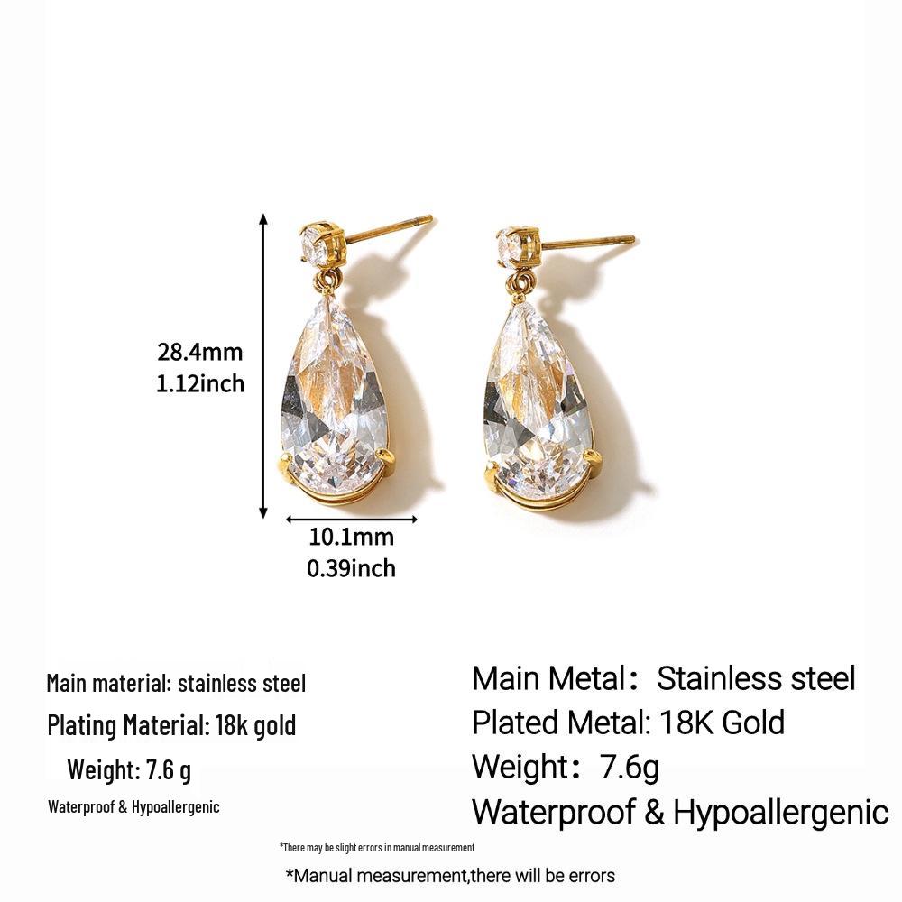 European Exquisite Zirconia Water Drop Stud Earrings in 18K Gold-Plated Stainless and Titanium Steel