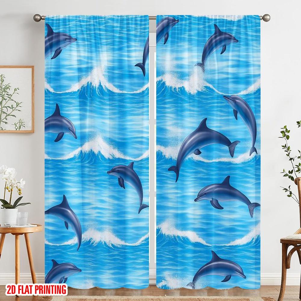 2 Stück, 2D-Flachdruck Vorhänge Rollos Delfinwellen Polyester (ohne Stange) Dekorationen für Innen Perfekt für Wohnzimmer,