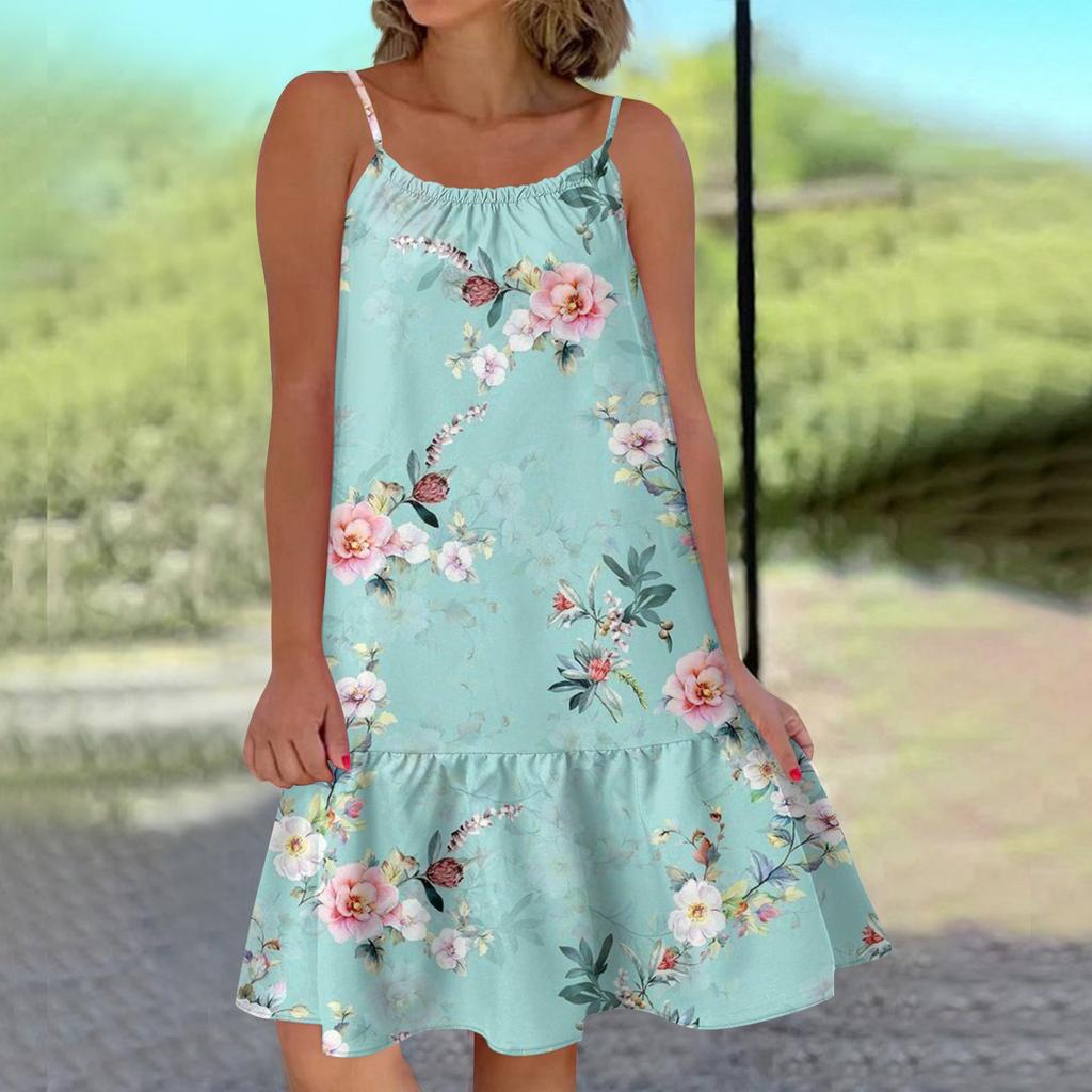 Women's Round Neck Strap Sleeveless Printed Dress Short A-line Large Swing Dress