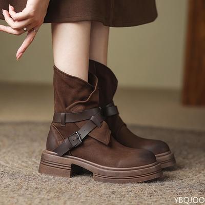 Botas de suela gruesa para mujer otoño invierno nicho retro marrón botas cortas modernas simples cómodas versátiles zapatos de mujer