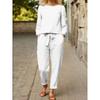 Fall Style Casual Hemp Two-piece Loose Waist Tie Fashion Color Long-sleeved Sports Suit for Women