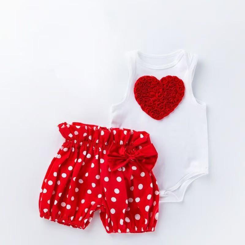 Cartoon Love Polka Dot Romper & Shorts Set for Baby Girls