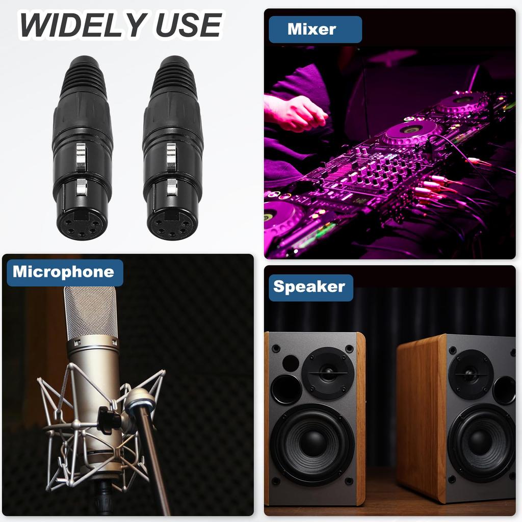 uxcell 4 Pieces 5-Pin XLR Female Connector Microphone Audio Cable Plug Socket Accessory for Mixer Power Amplifier Black 2.76 Inches