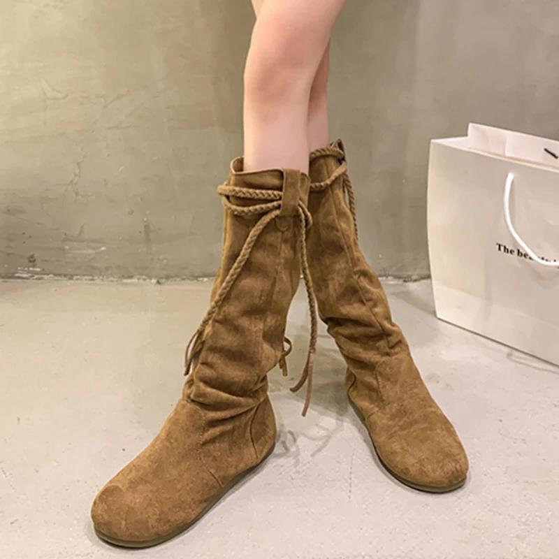 Damen Fransen Schnee High Boots Wildleder Flats Kniehohe Schuhe Plissee Trend Luxusmarke Wintermode Chelsea Goth Boots Mujer