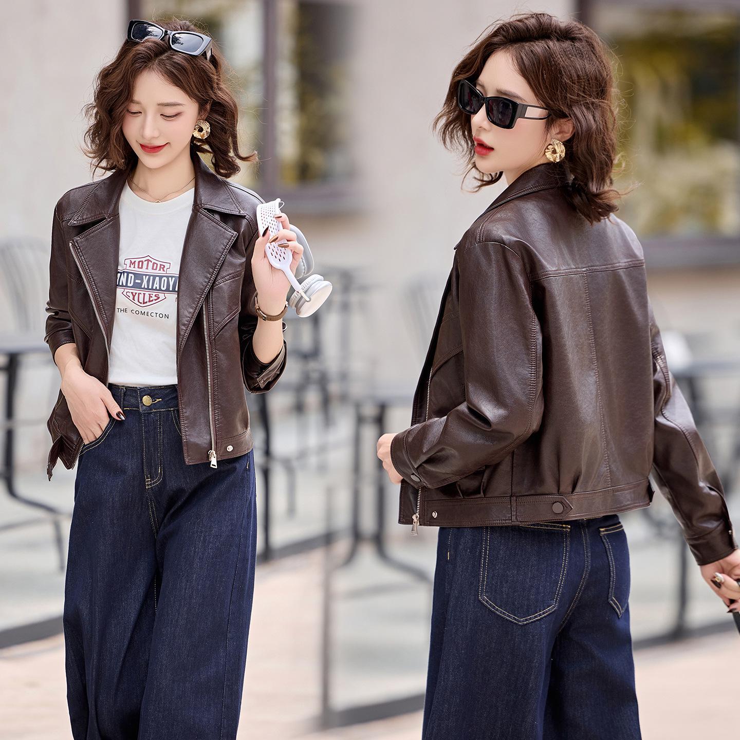 

Женская мотоциклетная куртка из ретро овчины 2025 года - Короткий модный дизайн L бордовый