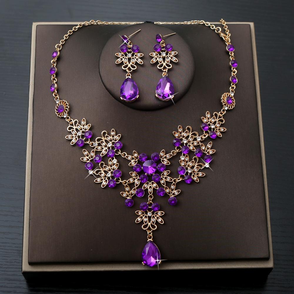 

3 шт. Дворцовый Классический Стиль Барокко Кристалл Свадебный Стразы Ожерелье Серьги Высококлассный Роскошный Банкет Вечеринка Платье Набор Цирконий 57cm фиолетовый