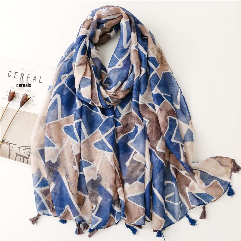 "Bali Yarn Cotton-Linen Scarf: Fresh Solid Color, Fruit Green & Bright Yellow Leaf Print with Tassel Detail"