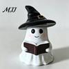 Literary Reading Ghost Decor Halloween Figurine with LED Light, Resin Witch Hat Statue Spooky Cute Room Accessories Guitar/Book, Luminous Sculpture