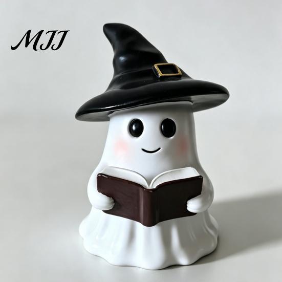 Literary Reading Ghost Decor Halloween Figurine with LED Light, Resin Witch Hat Statue Spooky Cute Room Accessories Guitar/Book, Luminous Sculpture