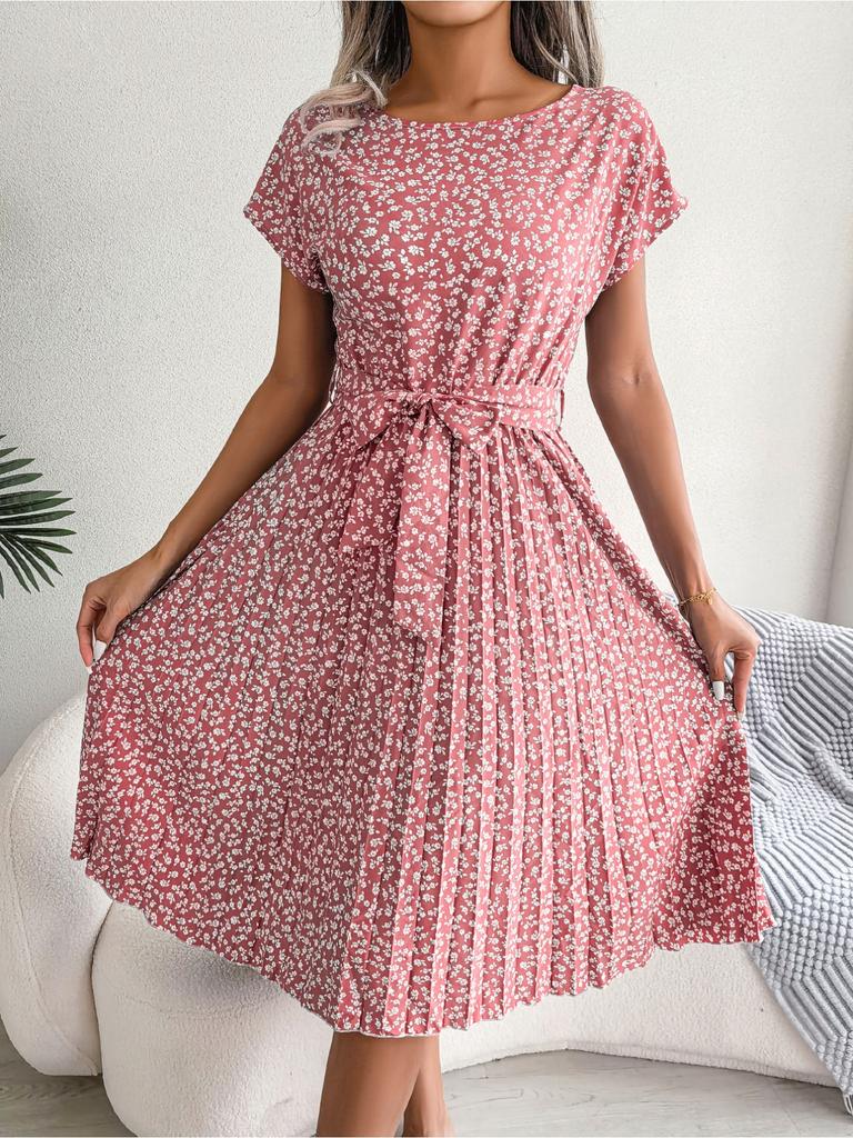 O Neck Printed Dress Waist Hugging Elegant Dress for Women Short Sleeve Loose Dresses Causal Dress