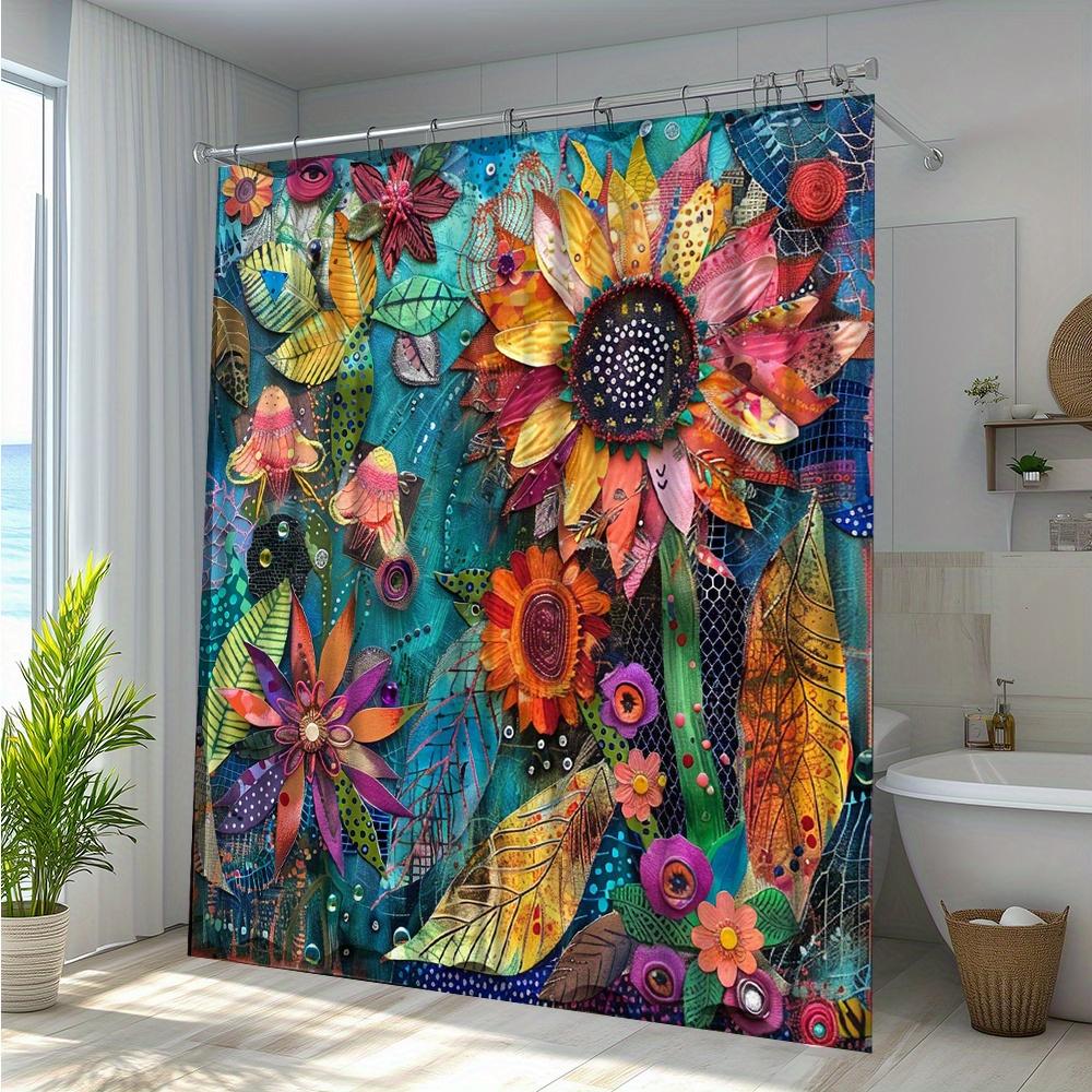 Vibrant Artistic Floral Shower Curtain -Waterproof,Mildew-Resistant With Colorful Leaf And Flower Design For A Creative Bathroom