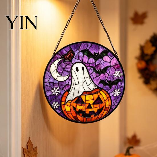 Christmas Gothic Theme Ornament Retro Halloween Pendant, Ghost/Bat/Spider Web/Pumpkin Head Print, Hand Painted Ghost Disc Vintage Acrylic Hanging for
