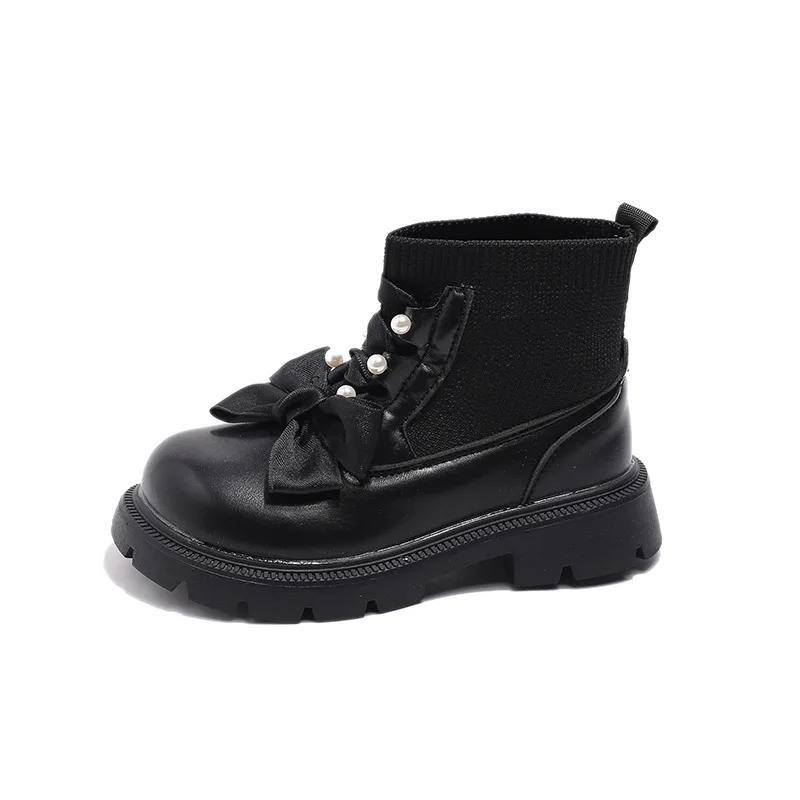 

Новые детские ботинки для девочек, милые элегантные туфли принцессы, весна-осень, толстая подошва, детские модные носки, ботинки, повседневные, универсальные 26 чёрный