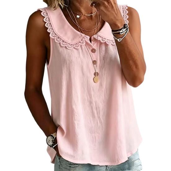 Women Tops Lapel Buttons Half Placket Sleeveless Pullover Tops Pure Color Loose Fit Breathable Casual Shirt Daily Wear