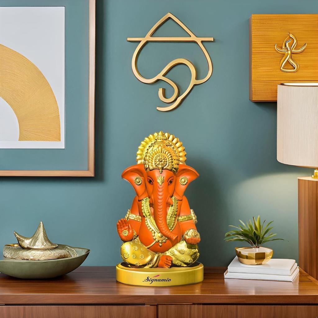 Handcrafted Orange Ganesha Idol for Car Dashboard Item: Ganesh Ji, Ganpati Bappa Murti for Home Decor - Exquisite Car God Idols
