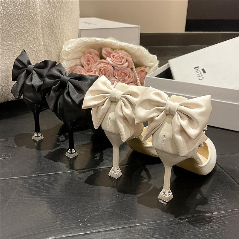 High heels women's spring new bow thin heel cut men's one-word buckle single shoes fairy style French pointed head