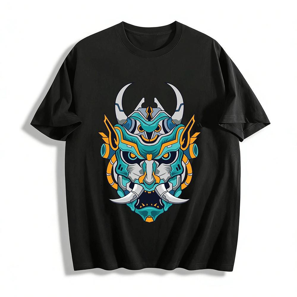 Cyberpunk Mecha Style Japanese Oni Mask Graphic Casual Top Pure cotton T-shirt XXS