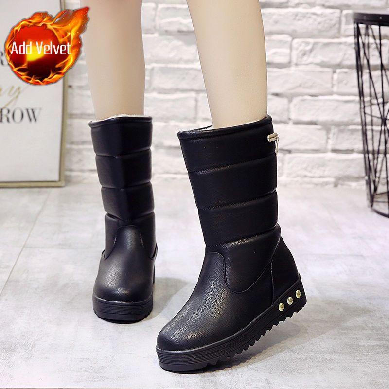 

Fashion Winter Round Toe Chunky Leather Snow Boots for Women Mid Calf Waterproof Woman Shoes Goth Non Slip Trend 2025 Hot on Offer Boot 35