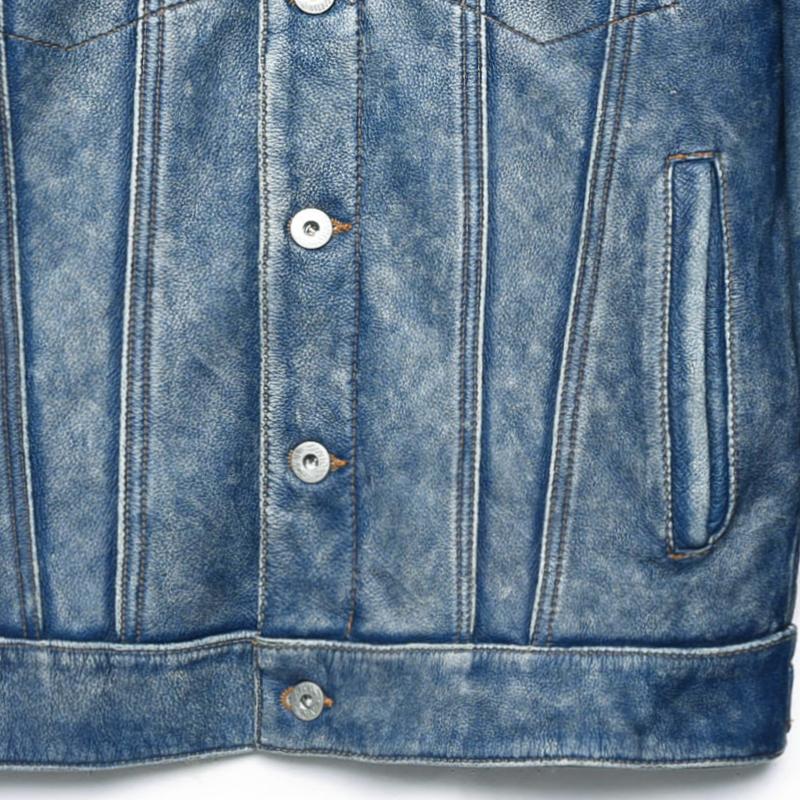 Çince Beden Vintage Mavi 507 Rahat Hakiki Deri Ceket Erkek Gerçek İnek Derisi İnce Bomber Ceket Erkek Deri Ceket Sonbahar Erkek Giysileri