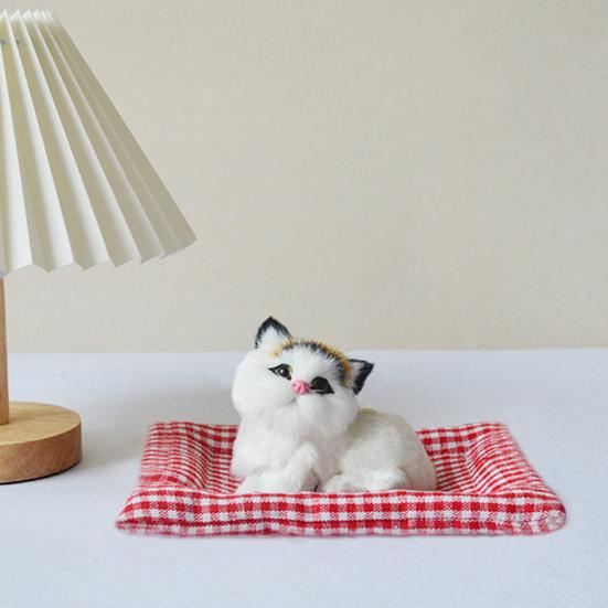 Simulated Cat Toy with Cloth Mat Lifelike Meowing Plush Kitten Model Stuffed Animal Doll Home Office Desktop Decoration Ornament