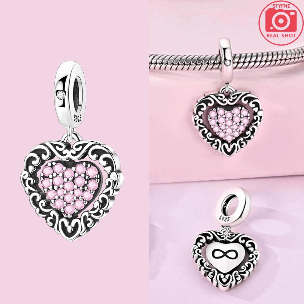 Silver 925 Colored Zircon Heart-shaped Pendant Beads Charm Fit Bracelet Jewelry Making Fine Gift for Women