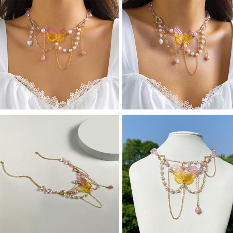 Strawberry Necklace Imitation Pearl Choker Bohemia Layer Crystal Clavicle Chain Delicate Sweet Necklace for Women Girl