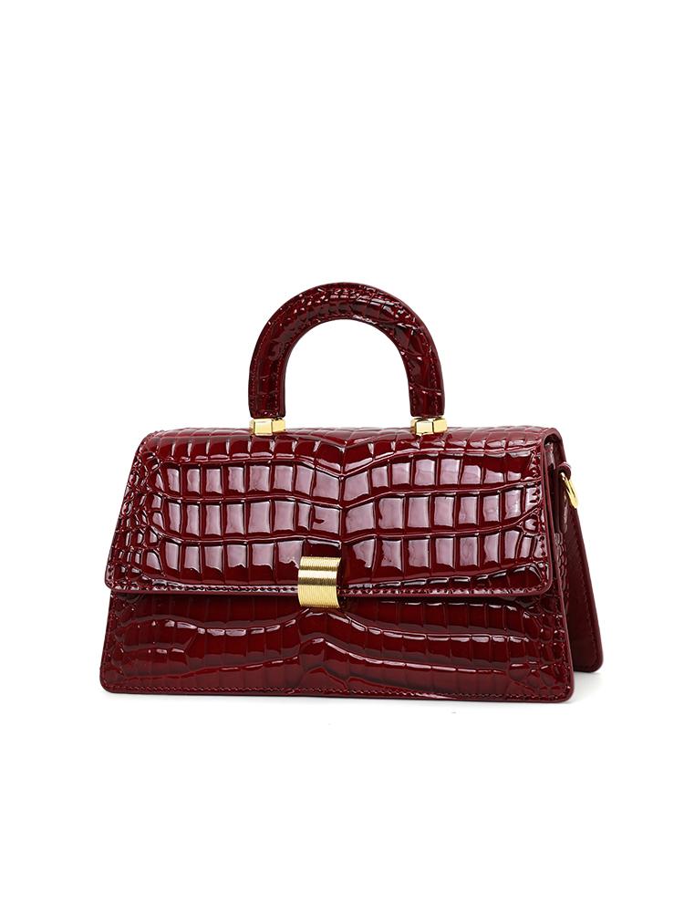 Wine Red Crocodile Pattern Handbag, Glossy Small Square Bag, Suitable for Commuting and Dating