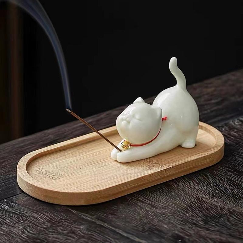 Cute Cat Incense Burner Stick Holder Mini Lovely Cat Incense Burner With Bamboo Mat Home Decor Tea Pet Tea Ceremony Accessories