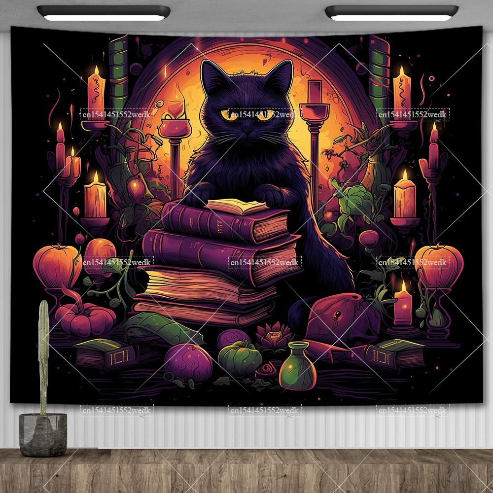 Black Cat Library Tapestry Wall Hanging Occult Witchy Altar Cloth Tarot Tapestrys Aesthetic Bedroom Decor Printed Tapestries