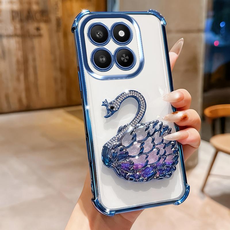 KEYSION Shockproof Plating TPU Phone Case for HONOR X7d 5G Glitter Jewelled Swan kickstand Back Cover for Honor 400 Smart 5G
