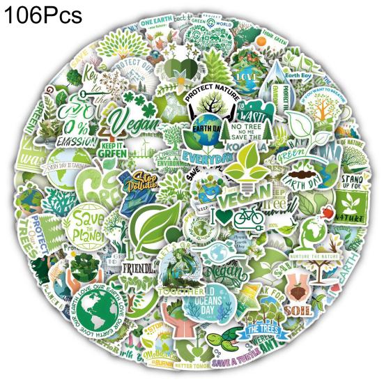 106Pcs/Set Handbook Decal Waterproof Cup Patterns Decorative Green Environmental Theme Self-Adhesive Graffiti Sticker Supply