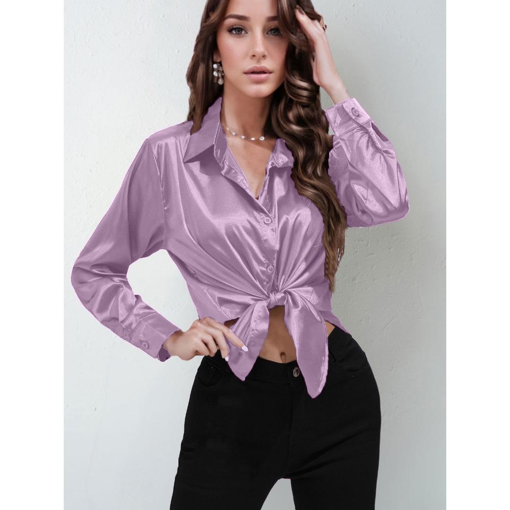 GMXIA Sateng Silkelignende Langermet Ensfarget Skjorte for Kvinner, Elegant Knappedetalj foran med Krage