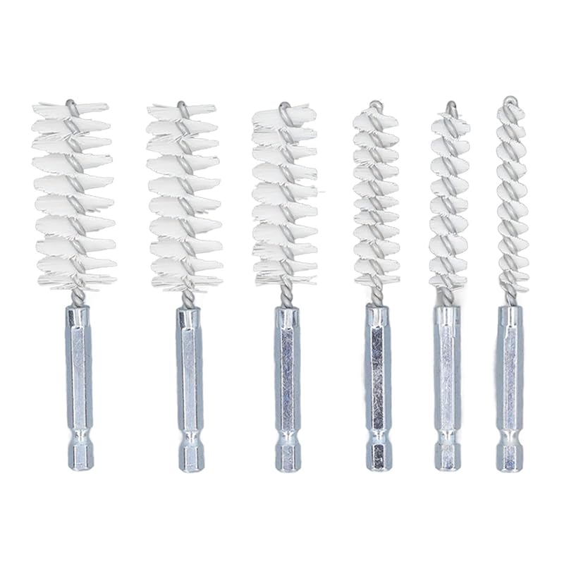 Bore Cleaning Brush Set, 6 Pieces with 1/4in Hex Shank, Wire Brush for Drill or Impact Driver (Nylon, White)