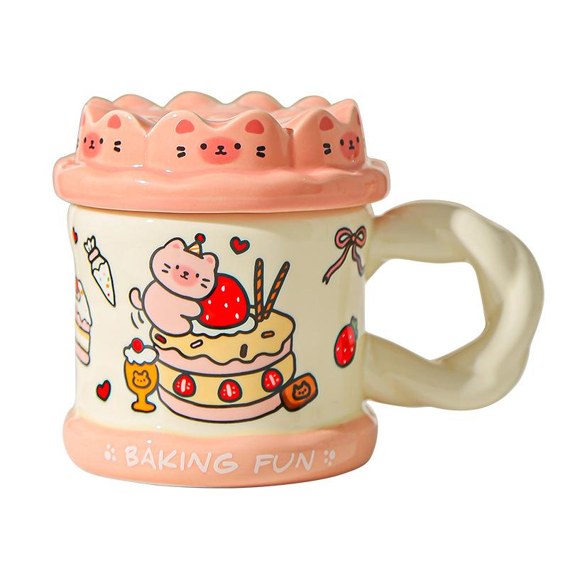 Hand drawn Birthday Cake Cute Cat Mug Office High Looking Girl Water Cup with Lid Home Couple Ceramic Cup