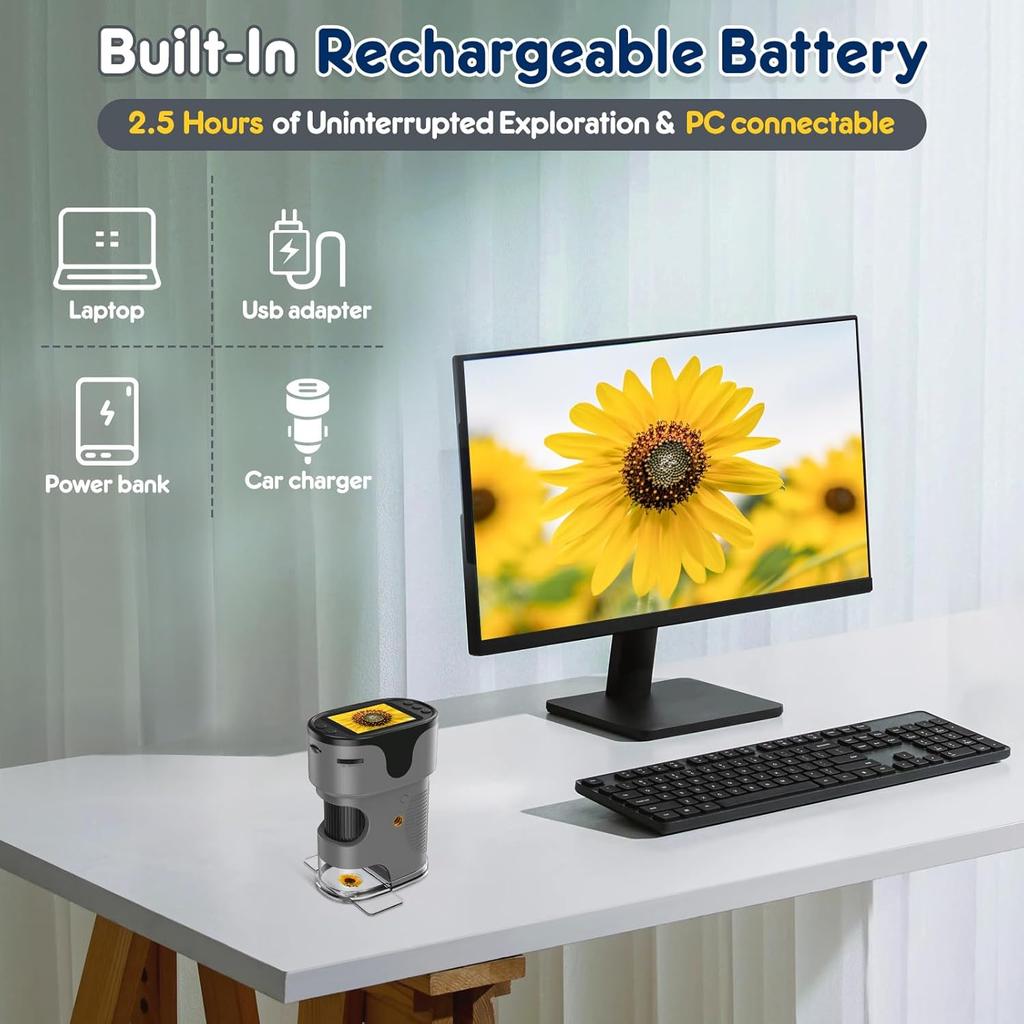 1000X Handheld Microscope for Kids 4K 2.0" Screen Rechargeable Mini Pocket Digital Microscopes w/Slides Kit Portable Edu Gift Age 4-6 8-12 Children