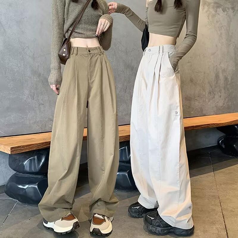 Women Khaki High Waist Loose Wide Leg Casual Hip Hop Cargo Pants